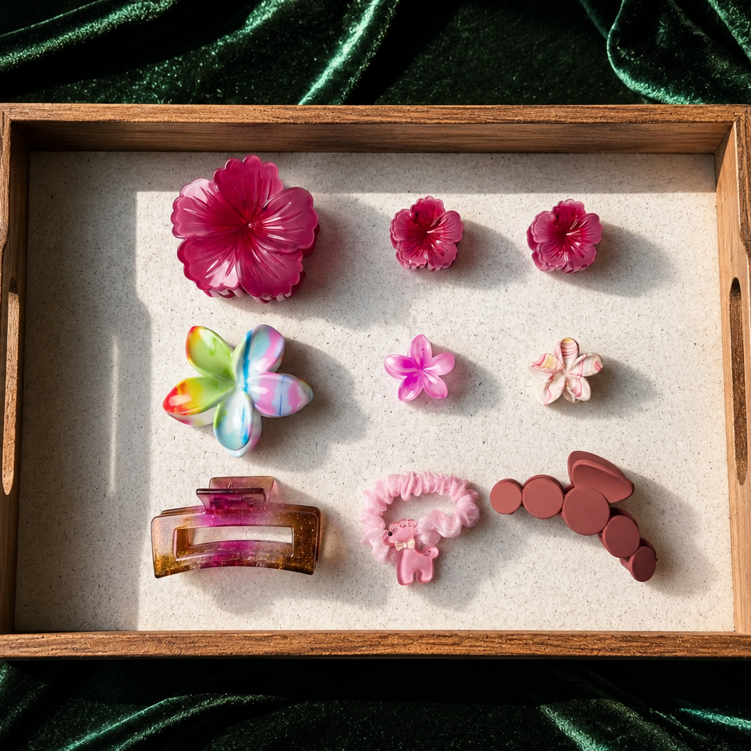 Wooden tray with colorful hair accessories on a green fabric background