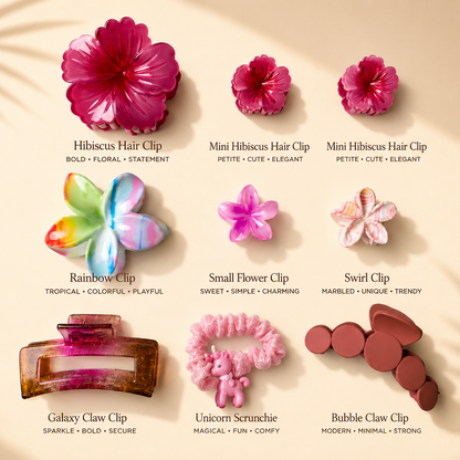 Collection of colorful hair clips with labels on a beige background