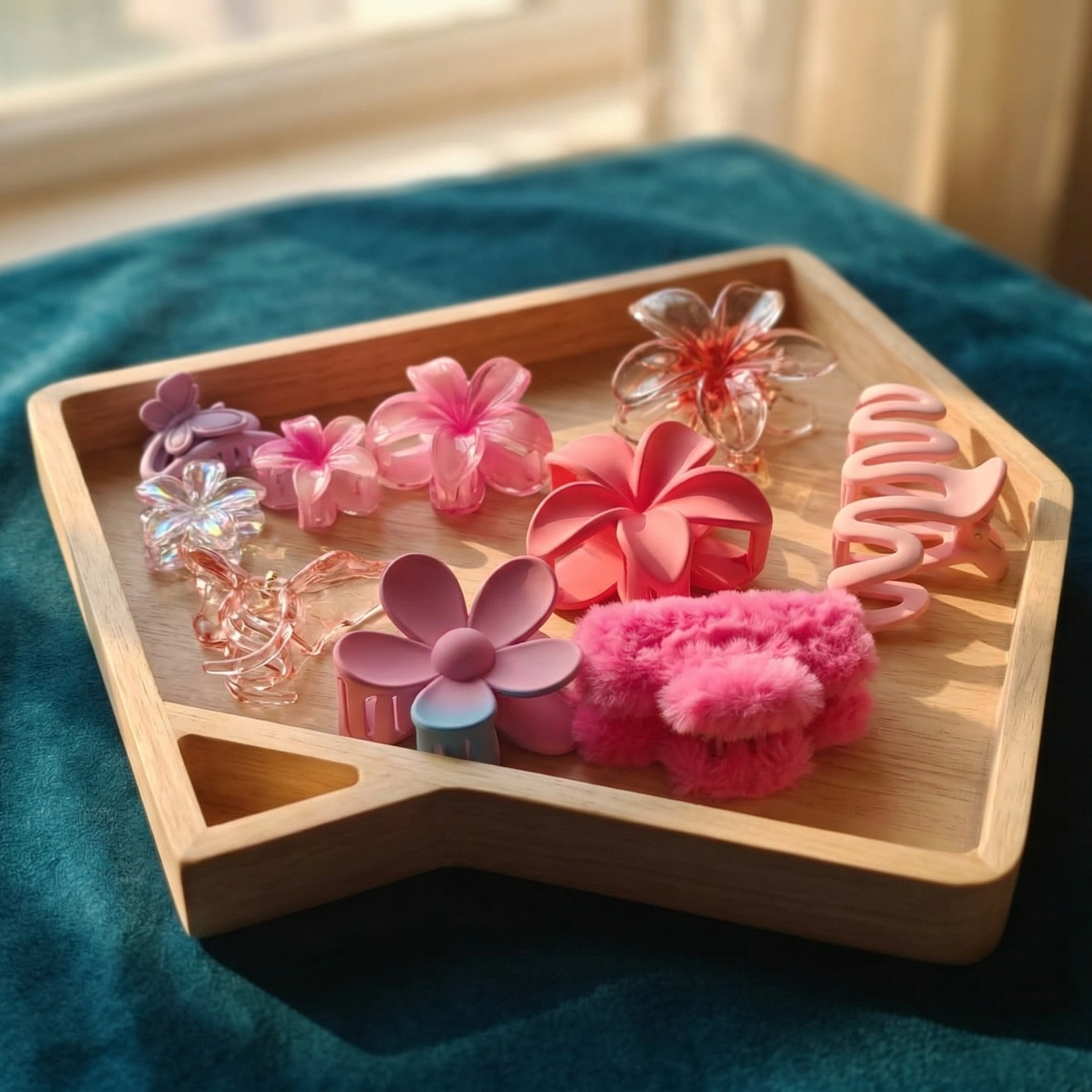 Wooden tray with colorful hair accessories on a blue fabric background