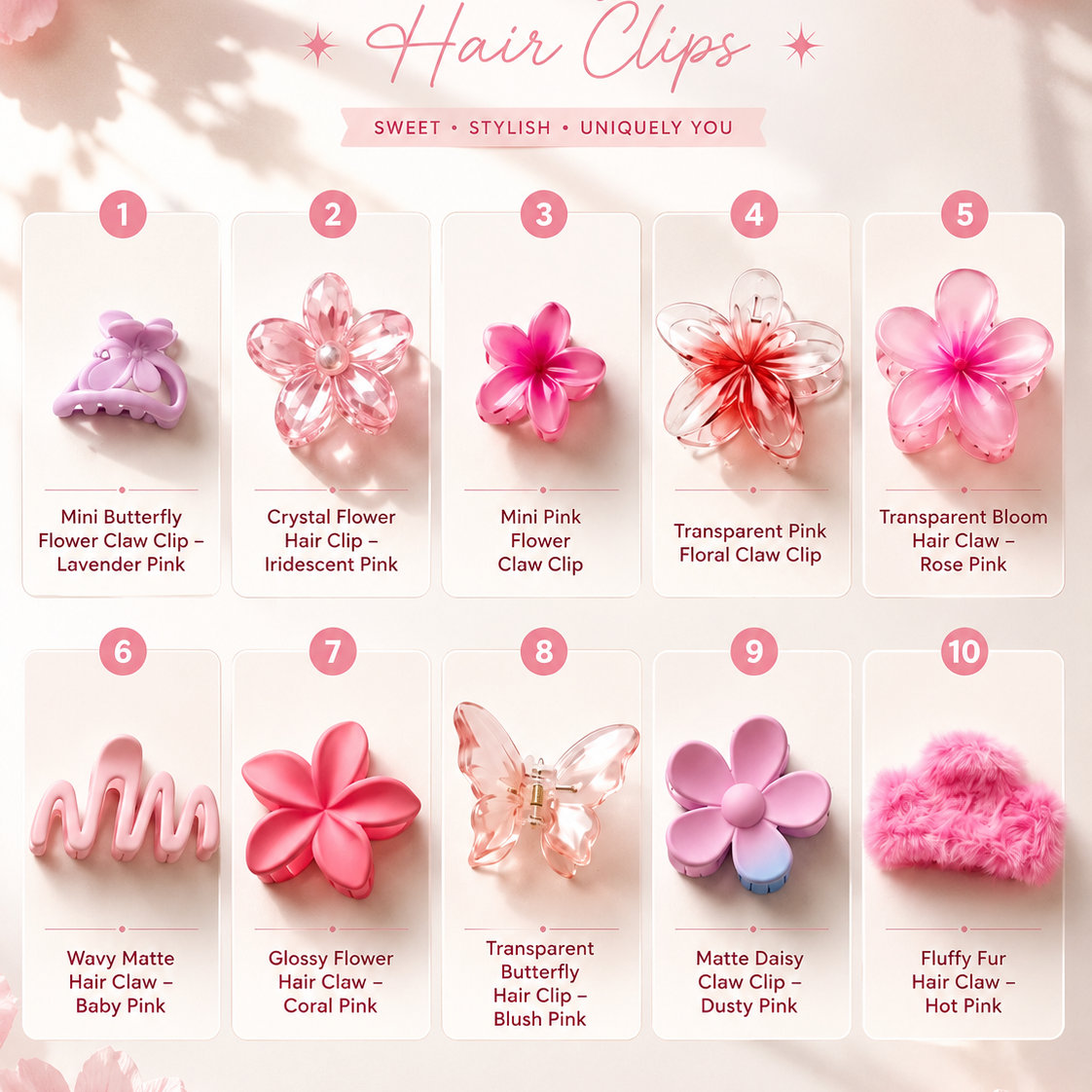 10 Pretty Pink Hair Clips displayed with descriptions on a light pink background.