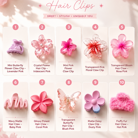 10 Pretty Pink Hair Clips displayed with descriptions on a light pink background.