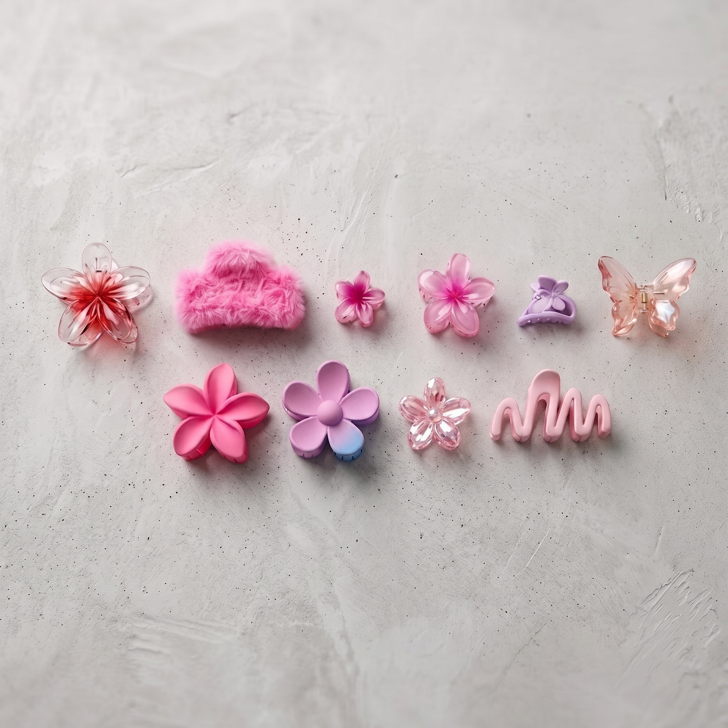 Set of colorful hair accessories on a light gray background