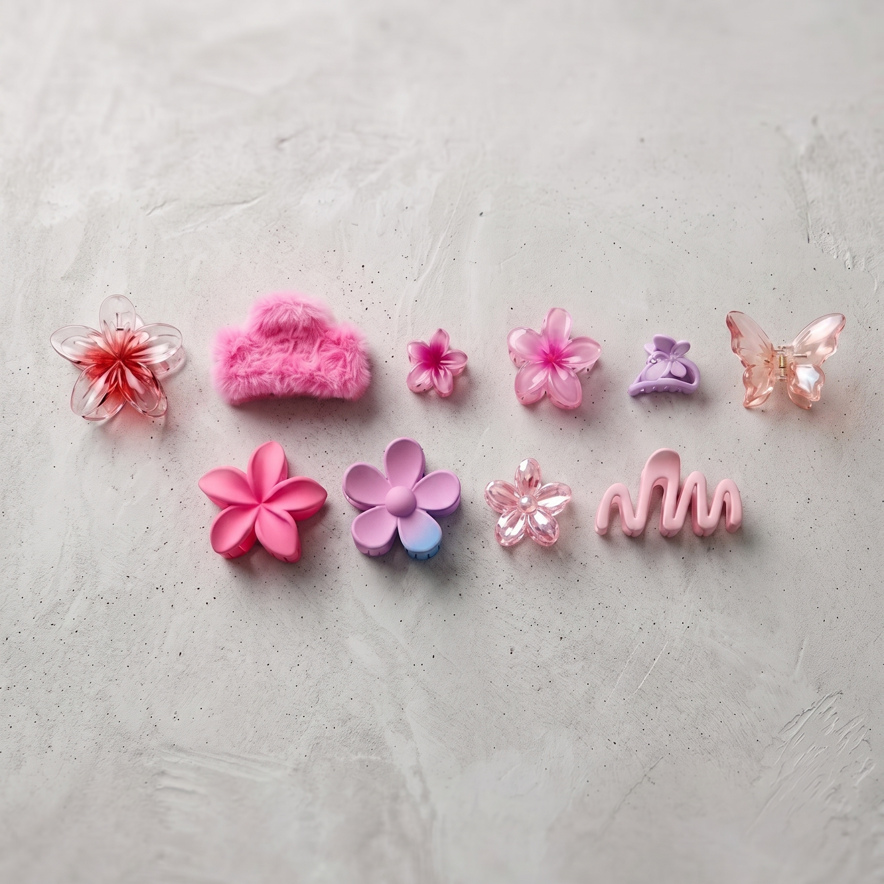 Set of colorful hair accessories on a light gray background