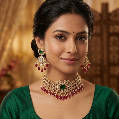 Woman wearing traditional jewelry with a warm, decorated background