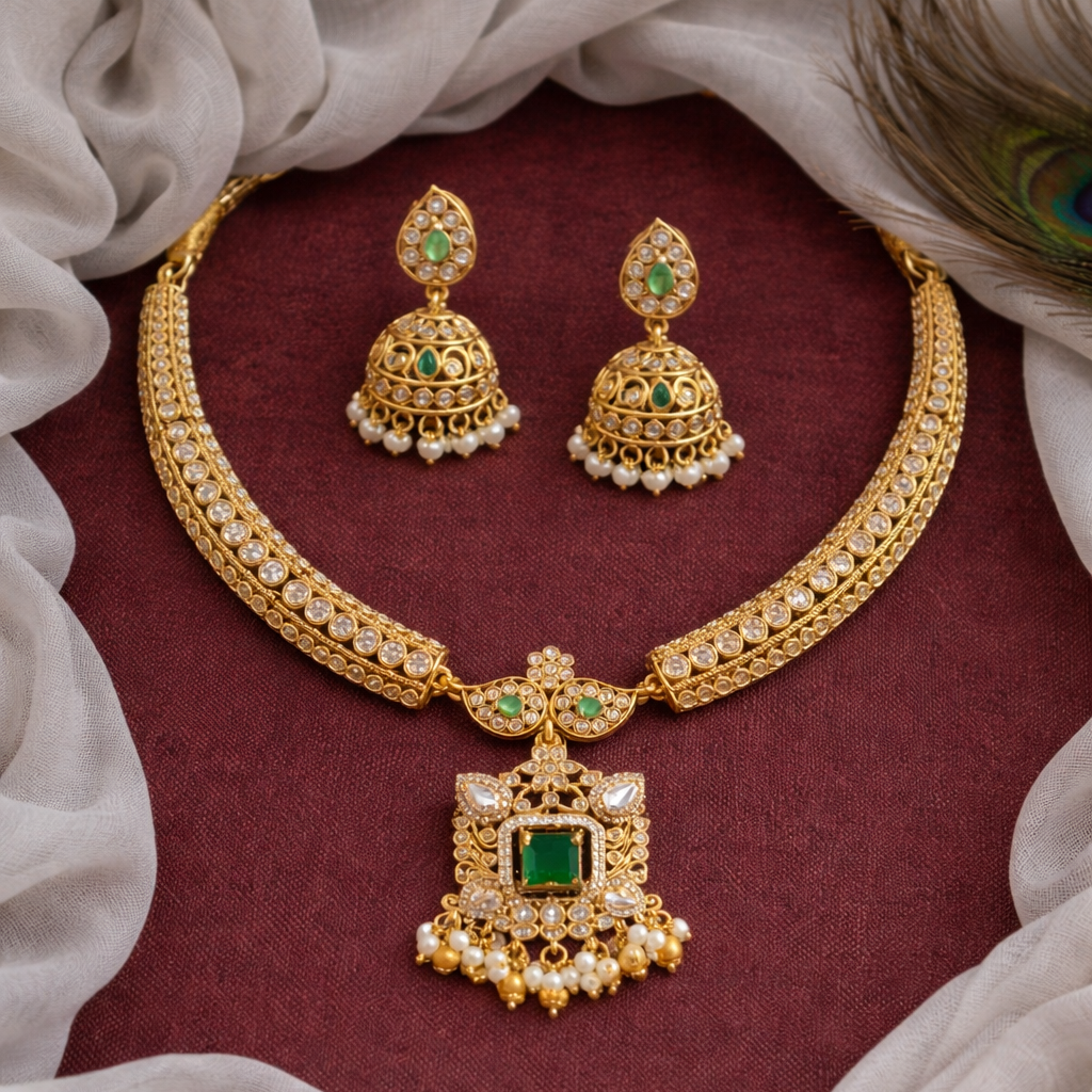 Gold necklace and earrings with green gemstones on a maroon fabric background