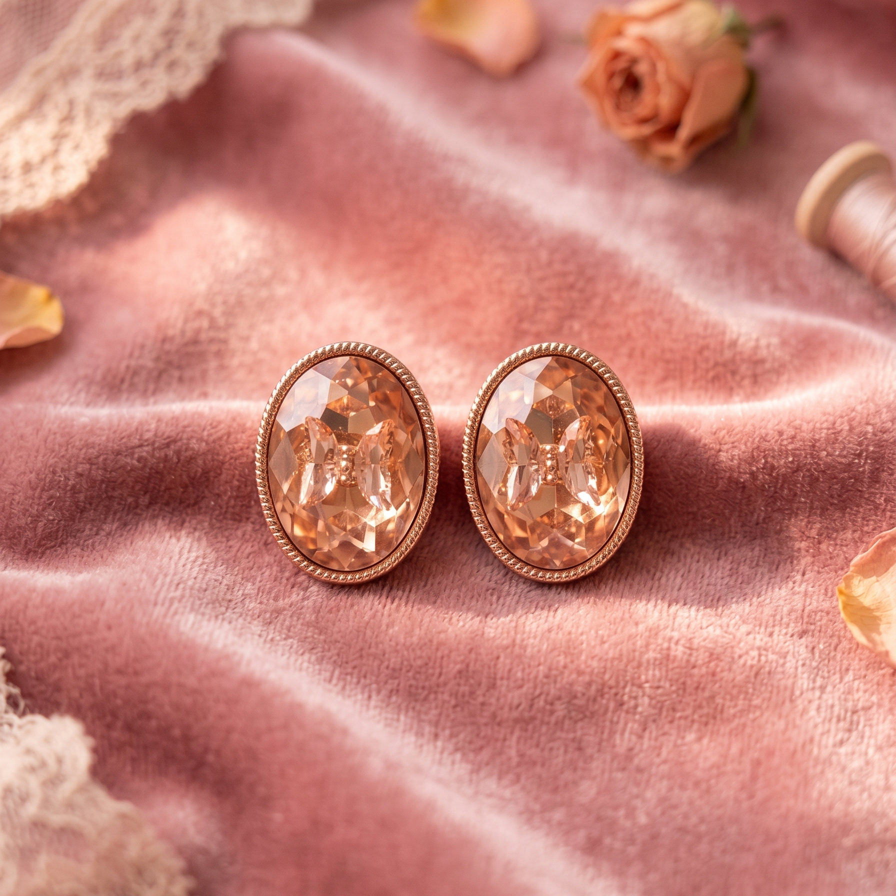 Pair of rose gold earrings on a soft pink fabric background with roses and lace.