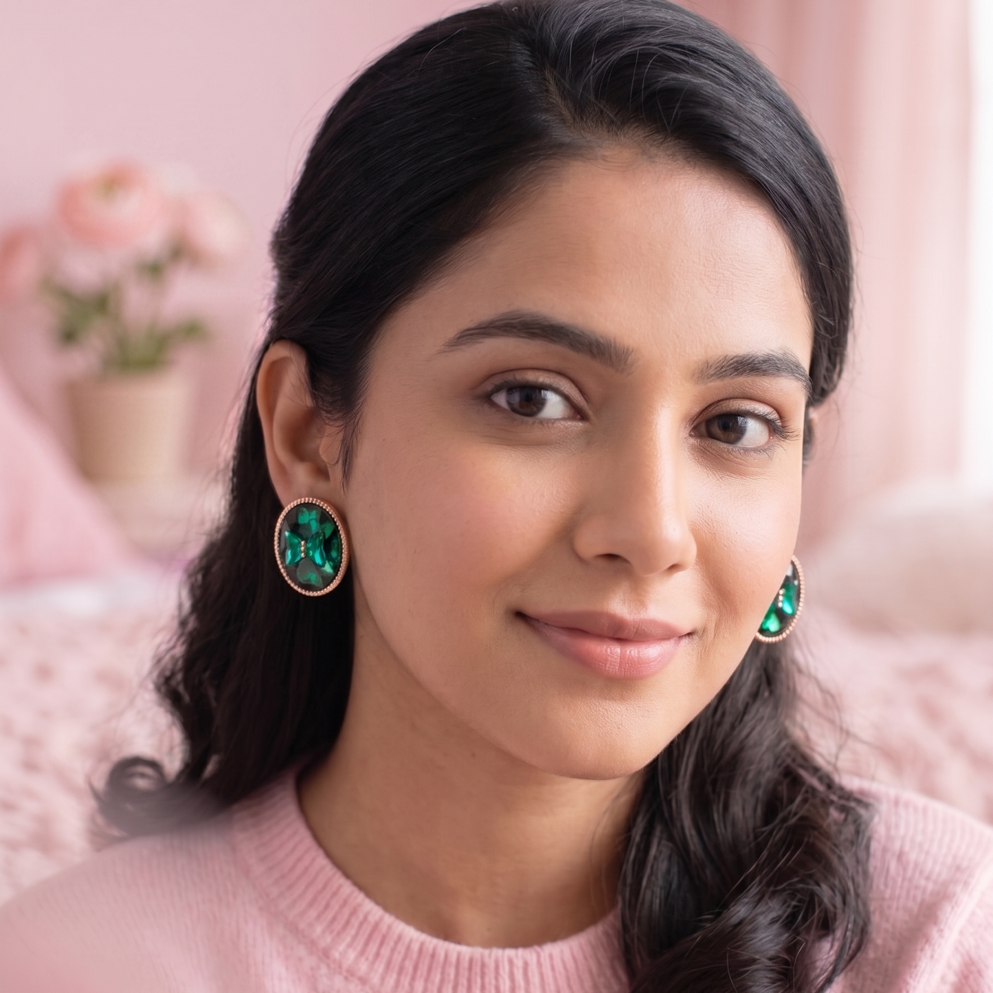 Woman wearing green earrings with a pink background
