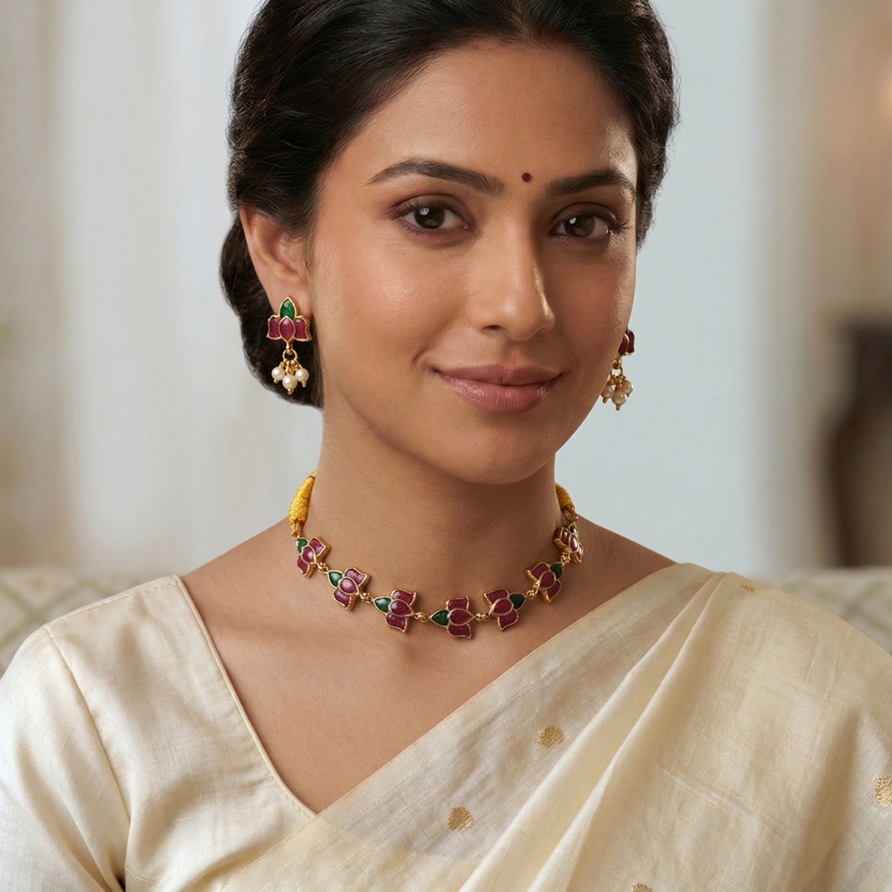Woman wearing a traditional outfit with jewelry indoors