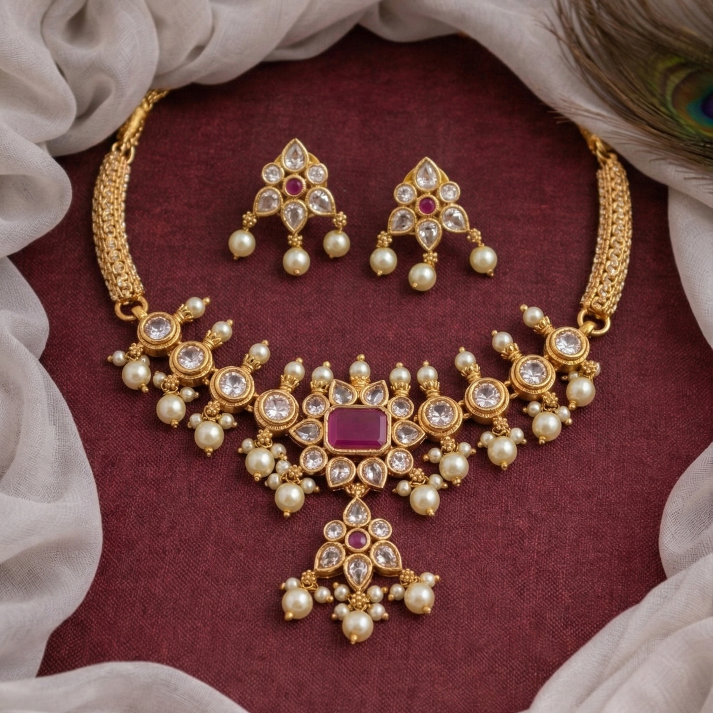 Gold necklace and earrings set on a maroon fabric background