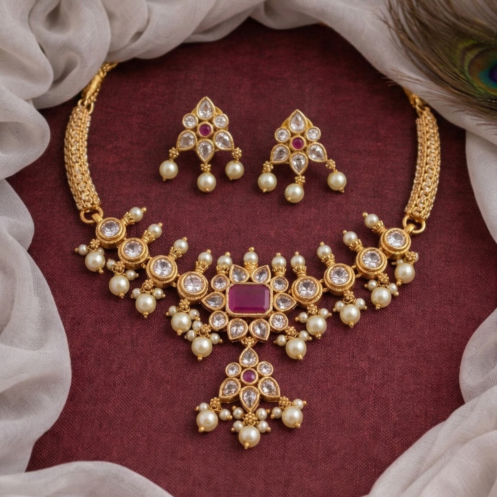 Gold necklace and earrings set on a maroon fabric background