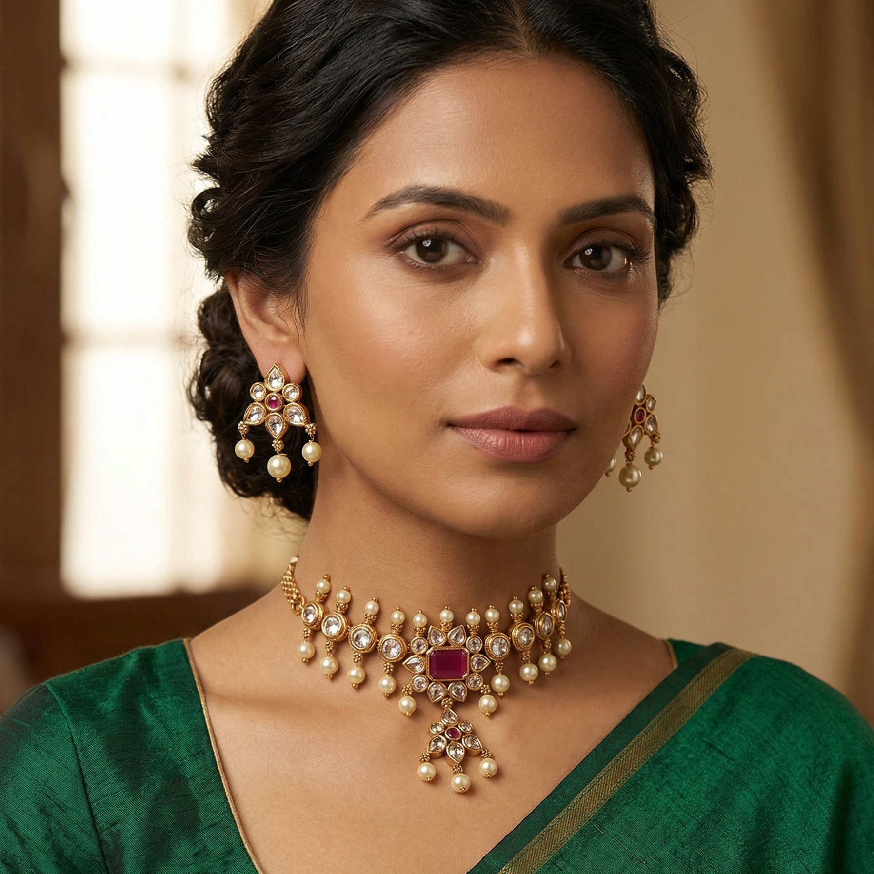Woman wearing traditional jewelry and a green saree with a blurred background
