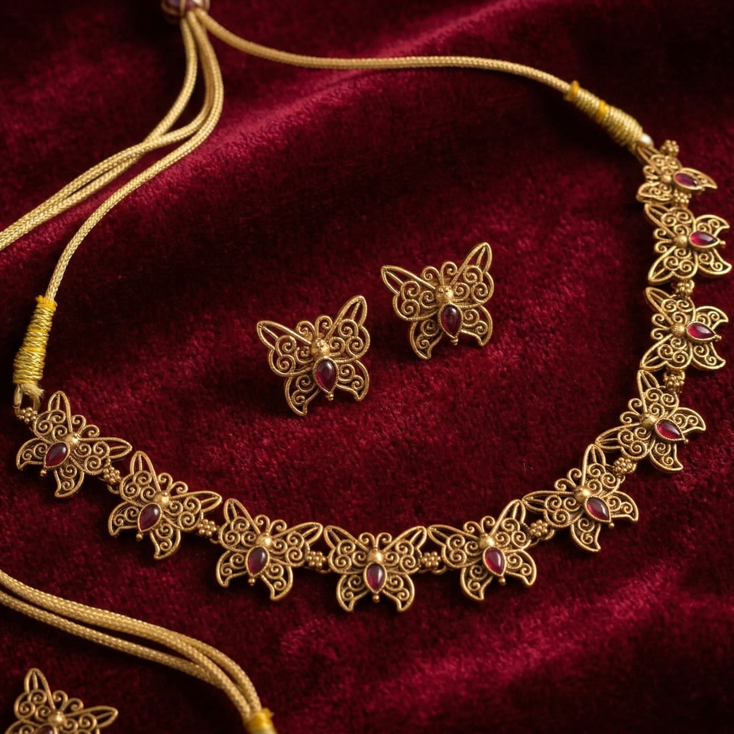 Gold necklace and earrings on a red velvet background