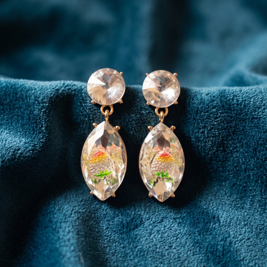 Pair of earrings with embedded scenes on a blue fabric background
