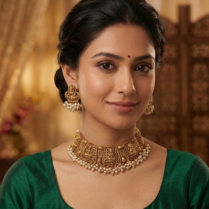 Woman wearing gold jewelry with a warm, decorated background