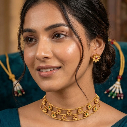 Woman wearing a gold necklace with a blurred background