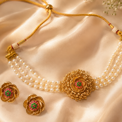Traditional 3-Strand Pearl Choker Set