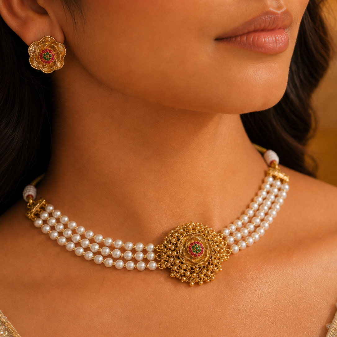 Close-up of a woman wearing a gold and pearl necklace with matching earrings.