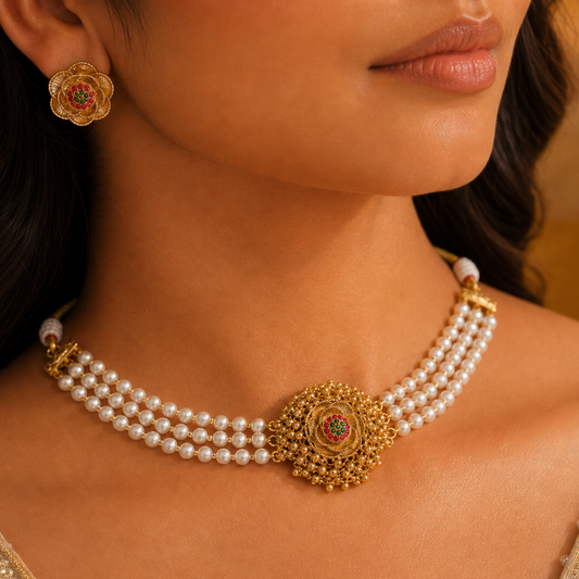 Close-up of a woman wearing a gold and pearl necklace with matching earrings.