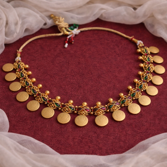 Gold necklace with green and red accents on a red fabric background