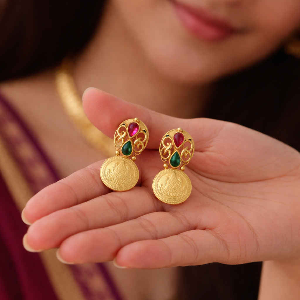 Gold earrings with gemstones held in a hand, blurred background