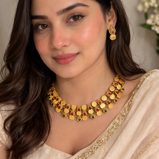 Woman wearing a gold necklace and earrings with a neutral background