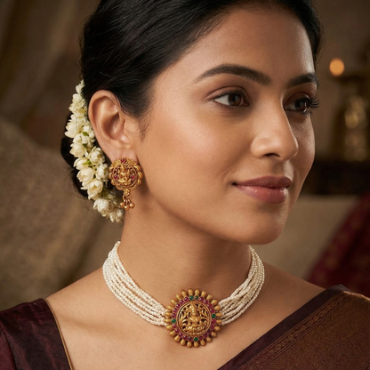 Woman wearing traditional jewelry with a blurred background