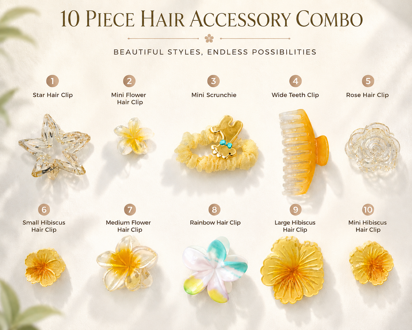 10-piece hair accessory combo with various hair clips on a light background
