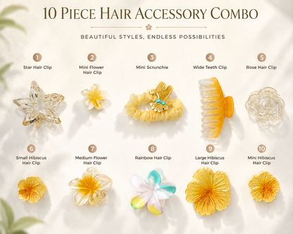 10-piece hair accessory combo with various hair clips on a light background