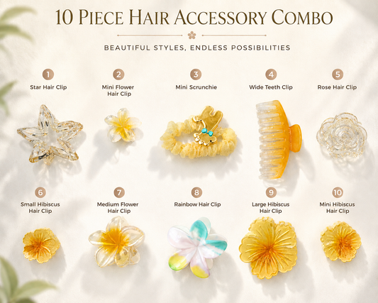 10-piece hair accessory combo with various hair clips on a light background