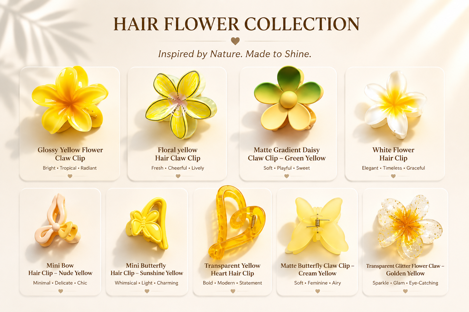 Hair flower collection with various yellow-themed hair clips on a light background.