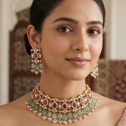 Woman wearing traditional jewelry with a blurred background