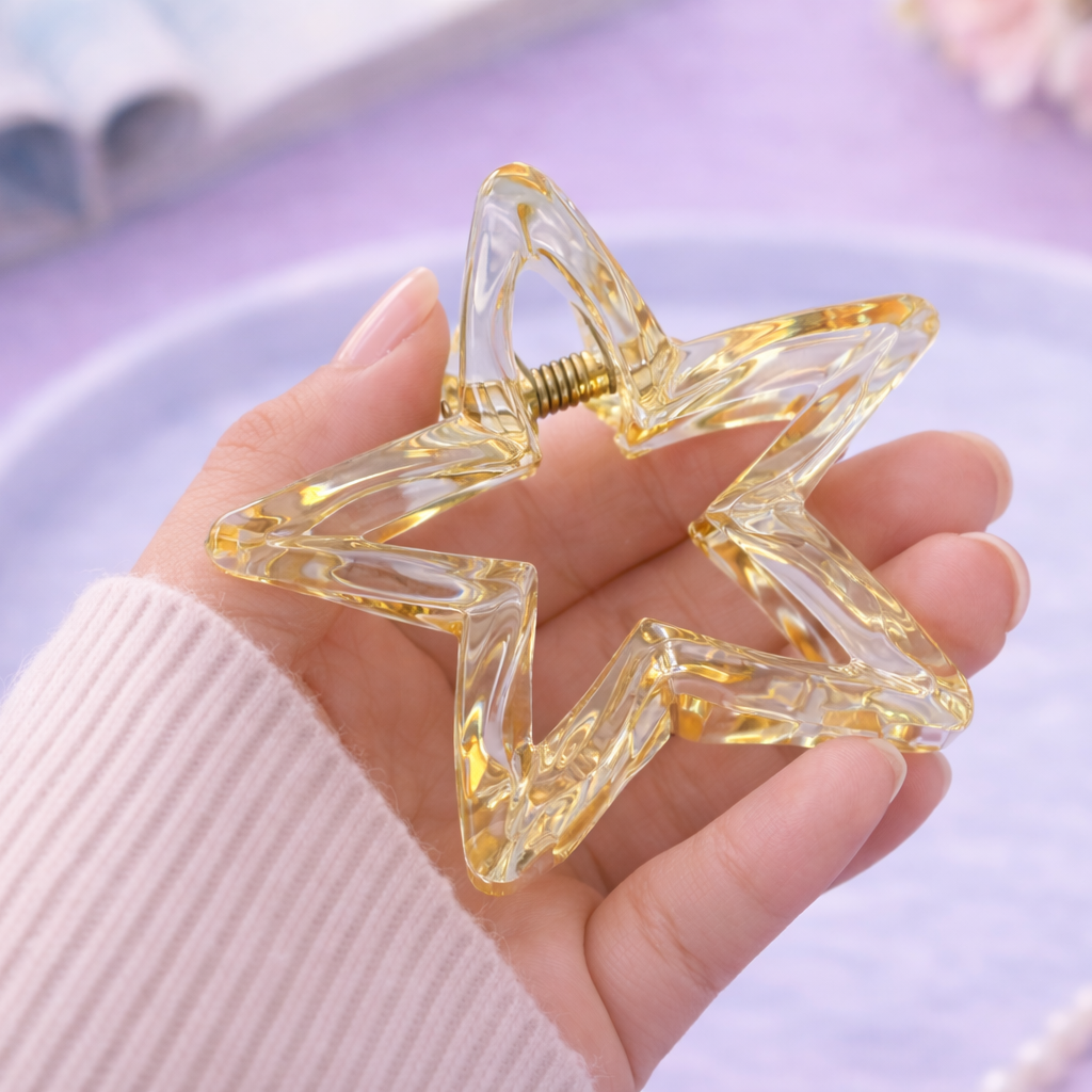Hand holding a yellow hair clip with a geometric design on a light purple background